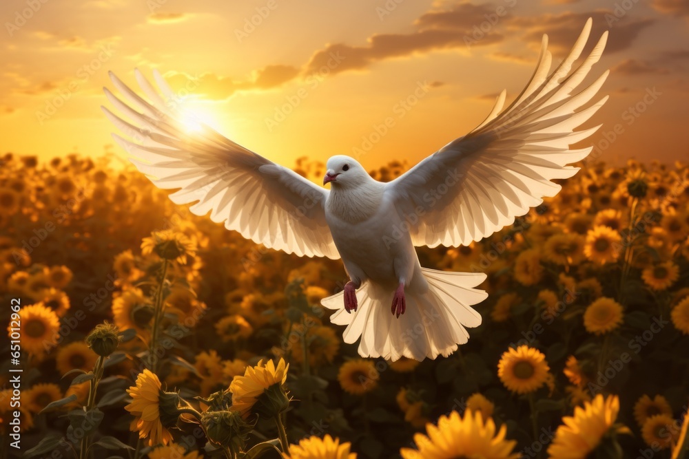 A dove flying above a field of sunflowers, both strong symbols of Ukraine. - - obrazy, fototapety, plakaty 