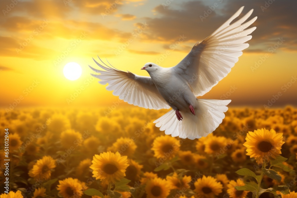 A dove flying above a field of sunflowers, both strong symbols of Ukraine. -