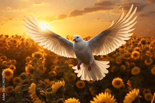 A dove flying above a field of sunflowers, both strong symbols of Ukraine. - photo