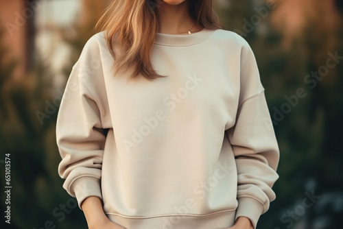 Beige Sweatshirt Mockup, Blank Oversized Sweatshirt Template, Casual Fashion, Woman, Girl, Female, Model, Wearing a Beige Sweatshirt, Standing Outdoors  photo