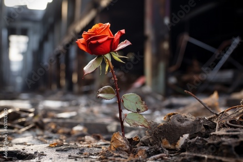 A single rosebud emerging from the rusty remains of an old industrial factory, symbolizing the persistence of beauty.