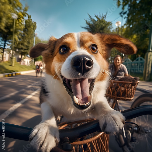 Adorable Dog Sitting in Bicycle Carriage,dog on a bike ride, dog on a bike tour, dog on a bike vacation © K