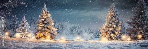 Christmas background. Xmas tree with snow decorated with garland lights, holiday festive background with copy space