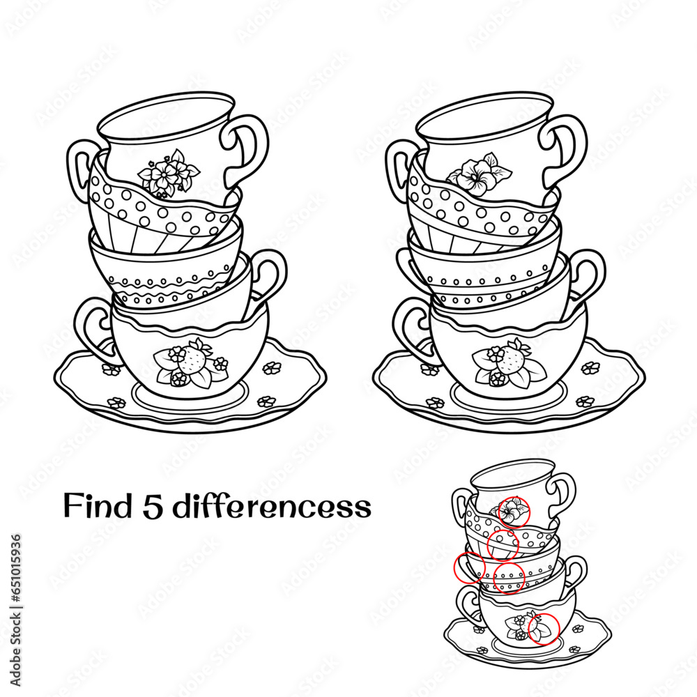 Five cups stand on top of each other. Find 5 differences. Tasks for