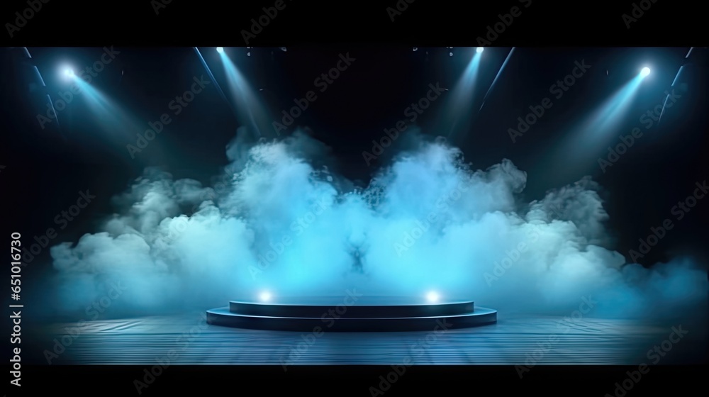 Illuminated Stage with Scenic Lights and Smoke Blue Vector Spotlight and Smoke Volume Light Effect on Black Background 