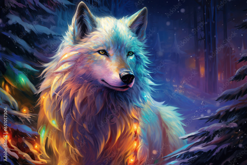 beautiful illustration of a white wolf in a magical winter forest, christmas lights