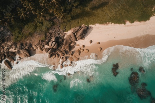 Tropical Beach coastline with palm trees, rock formations and aqua waves