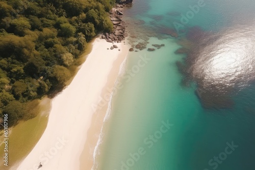 Tropical Beach coastline with palm trees, rock formations and aqua waves
