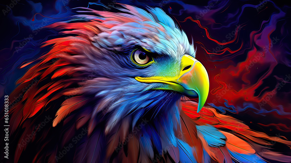 Fototapeta premium Eagle, majestically silhouetted with neon-hued feathers, abstract digital art on a deep blue canvas. AI generative