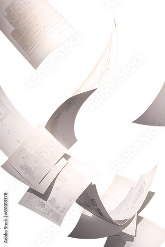 散らばる書類 空中に舞う（背景透過）（AI画像）
