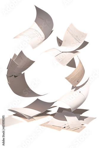 散らばる書類 空中に舞う（背景透過）（AI画像）