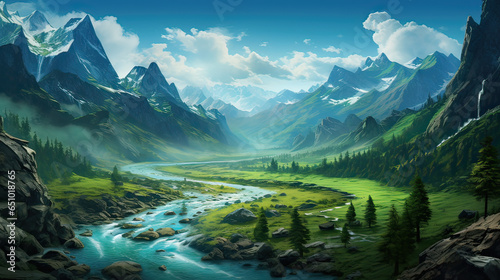 Emerald valley; rivers of honey and mountains cradling dreams.  AI generative