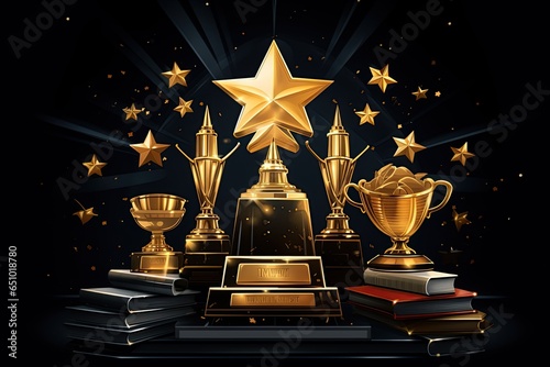 Awards concept prestigious trophies, medals, plaques symbolizing,Generated with AI photo