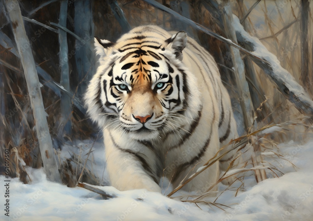 White Tiger in the woodlands snowy forest, oil painting, artwork, landscape, wall art