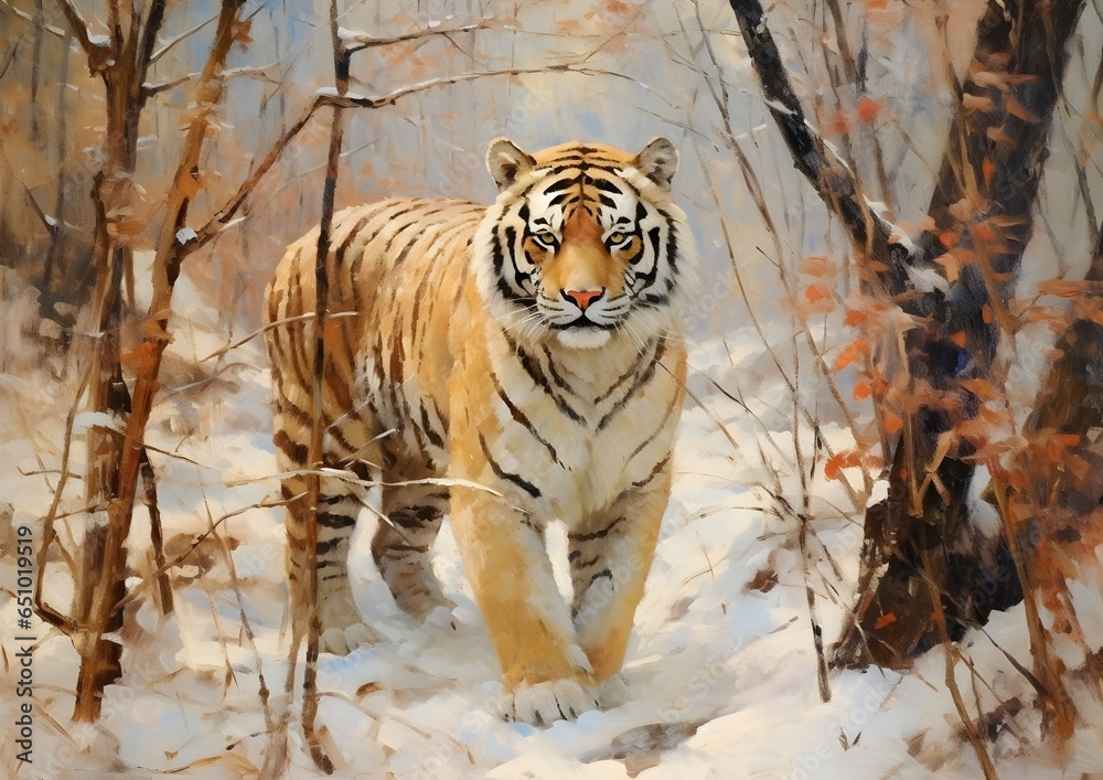 Obraz premium Tiger in the woodlands snowy forest, oil painting, artwork, landscape, wall art