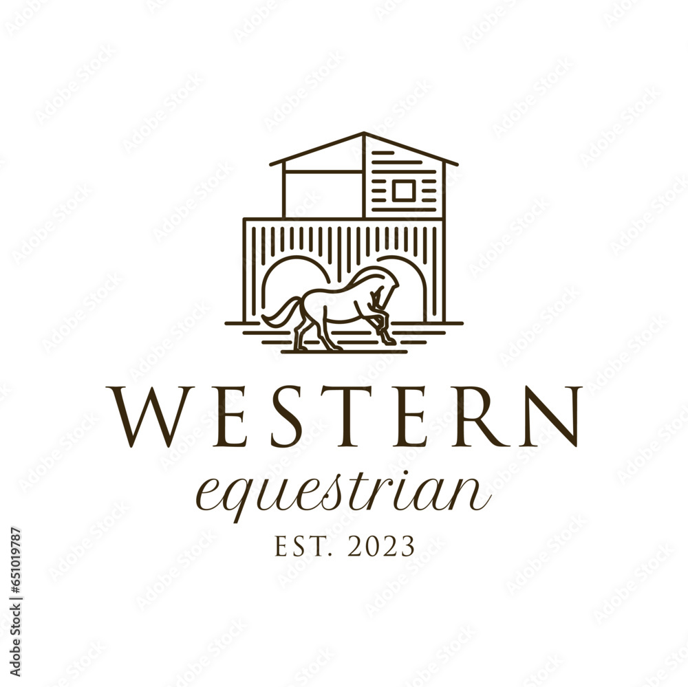 Rustic Farm Barn and Horse Logo Design. Equestrian Ranch Branding Symbol in Countryside Rustic Farm Barn and Horse Logo Design. Equestrian Ranch Branding Symbol in Countryside