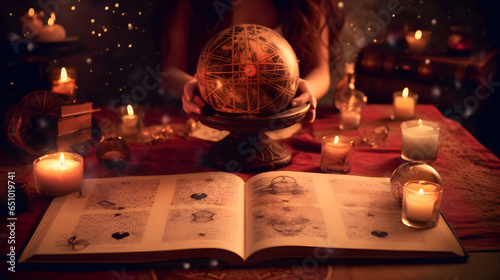 book with candle and astrology materials like a ball book and other astrology stuffs, black majic  photo