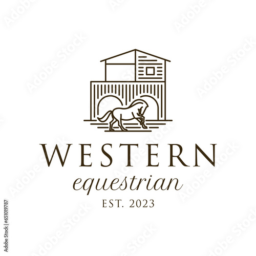 Rustic Farm Barn and Horse Logo Design. Equestrian Ranch Branding Symbol in Countryside