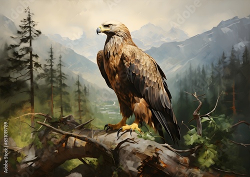 Golden Eagle in a Snow Forest Oil Painting artwork, wall art, illustration