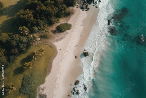 Tropical Beach coastline with palm trees, rock formations and aqua waves