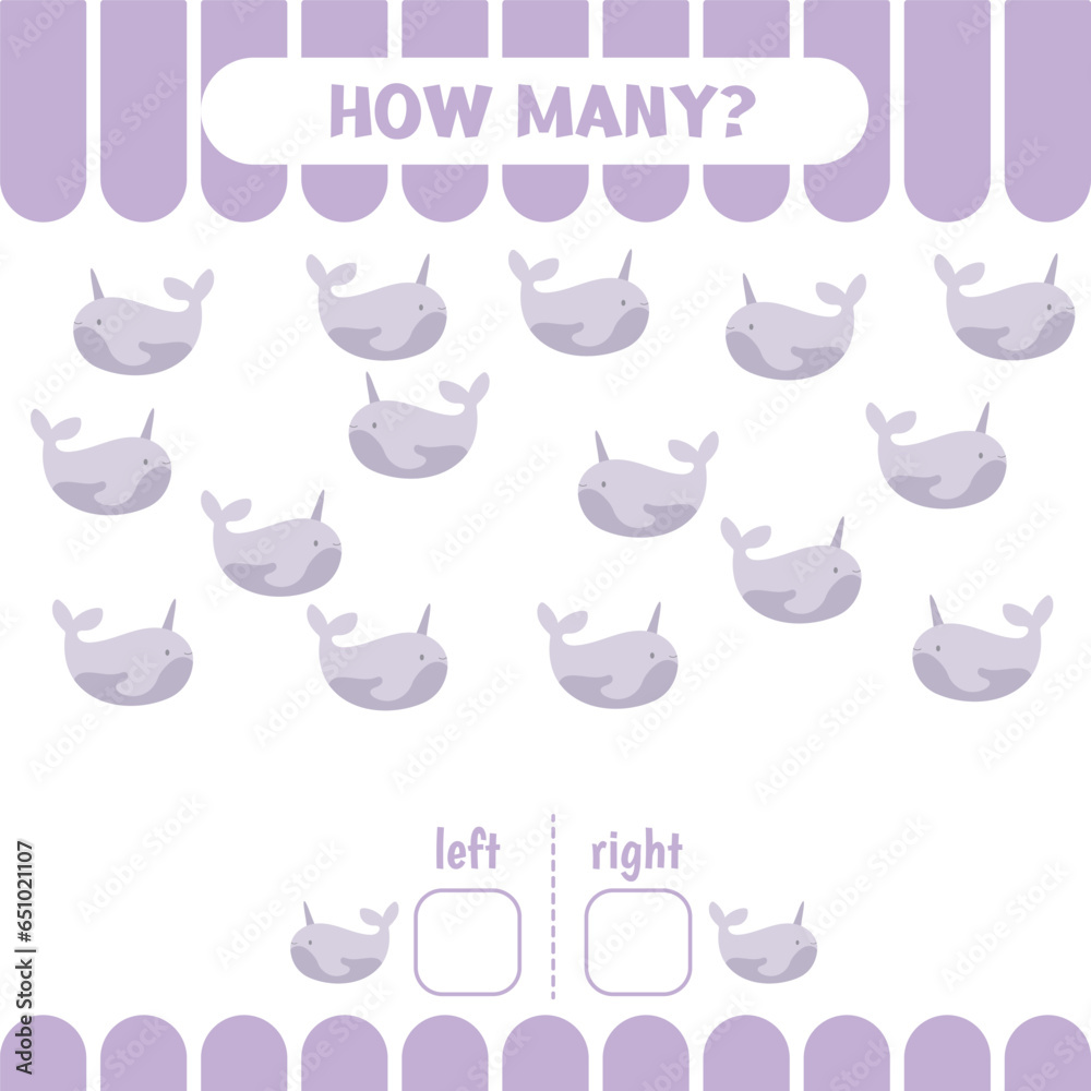 Educational worksheet for preschoolers to learn left and right. How many narwhals go to the left and to the right. Counting game for children.. Educational worksheet for preschoolers to learn left and right. How many narwhals go to the left and to the right. Counting game for children..