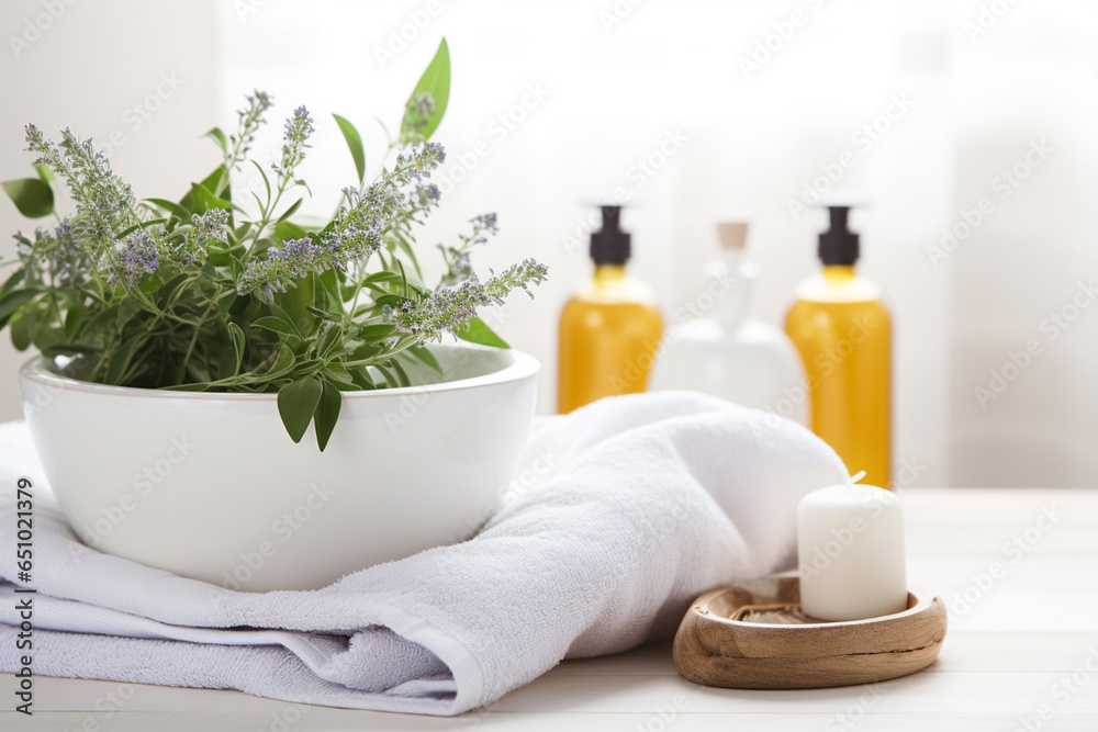A White Bowl Filled With A Plant Next To A White Towel