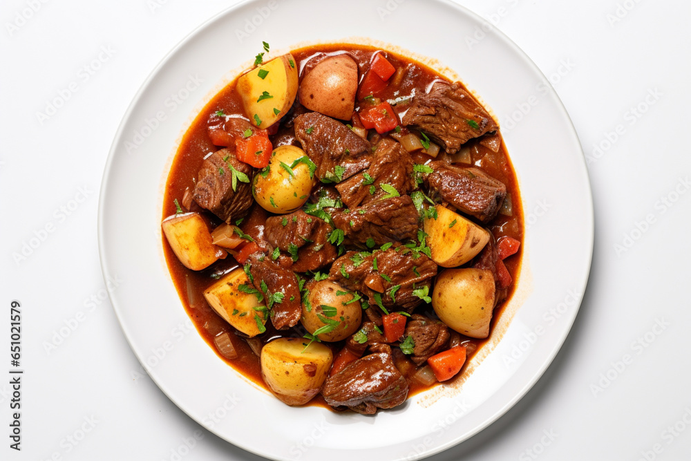 Belgian Beef Stew Belgian Dish On Plate On White Background Directly Above View