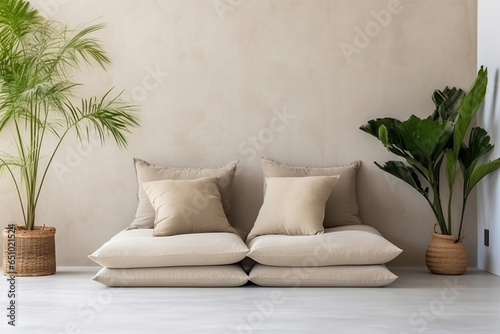 Beige Pillow Bed In Modern Room © Anastasiia