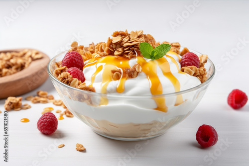 Bowl Luscious White Base, Greek Yogurt Dollop, Honey Drizzle, Granola On White Plate, On Isolated Transparent Background photo