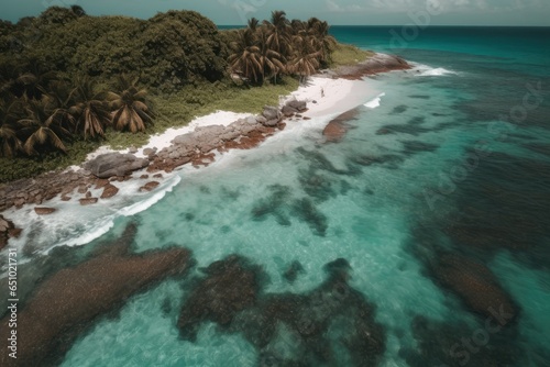 Tropical Beach coastline with palm trees, rock formations and aqua waves