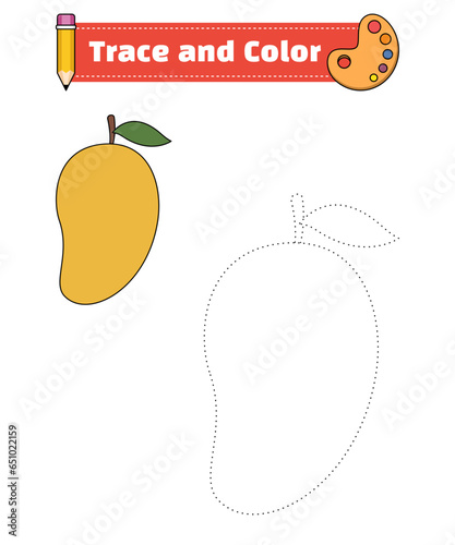 Mango. Trace and color for children, coloring page or book, mango vector illustration. Isolated white background.
