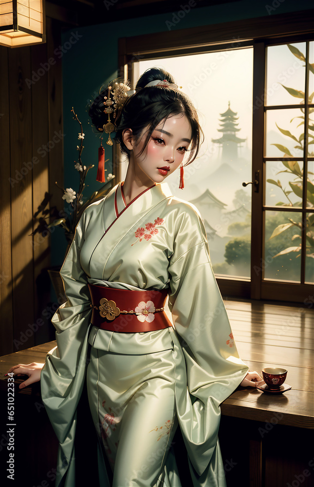 elegant girl in a classic traditional dress Japanese kimono elegant girl in a classic traditional dress Japanese kimono