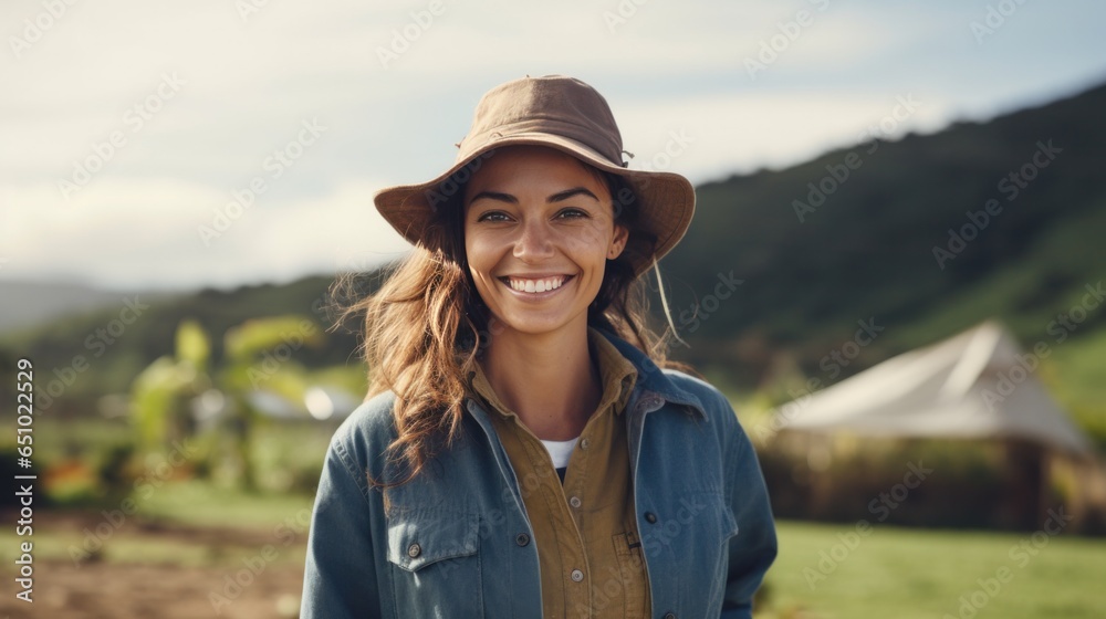 Woman working on farm smiling and looking at camera. Portrait of beautiful girl standing on farm field.
