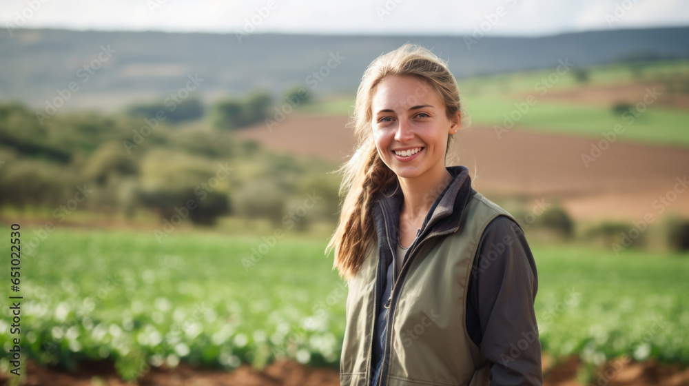 Woman working on farm smiling and looking at camera. Portrait of beautiful girl standing on farm field. Woman working on farm smiling and looking at camera. Portrait of beautiful girl standing on farm field.