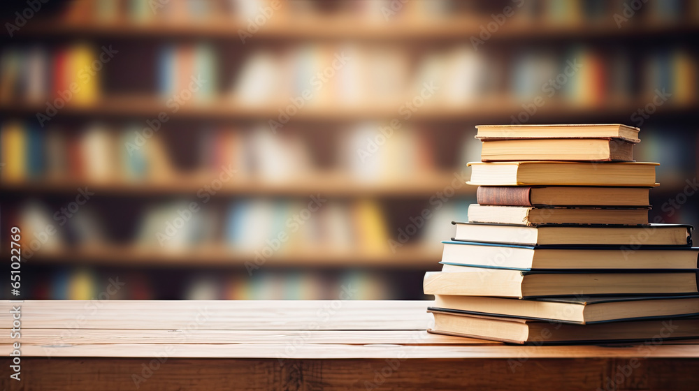 Stack of books on wooden table and blurred bookshelf in library room, education, back to school ,artwork graphic design illustration. Stack of books on wooden table and blurred bookshelf in library room, education, back to school ,artwork graphic design illustration.