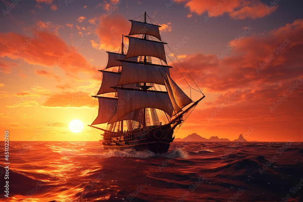 Beautiful sailboat on the sea at sunset, illustration generative AI