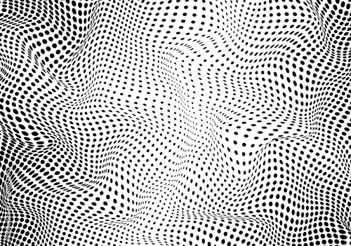 Monochrome spotted effect pattern. Halftone texture. Abstract optical background. Half tone texture with dots. Black white banner. Futuristic pop art print. Vector illustration.