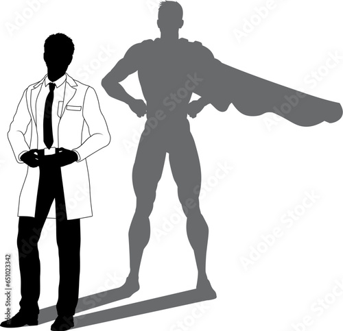 A superhero male scientist, engineer, doctor or teacher in a lab white coat man. Revealed by his shadow silhouette as a super hero in a cape.
