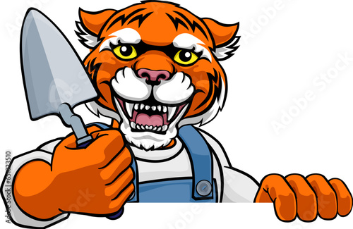 A tiger bricklayer builder construction worker mascot cartoon character holding a trowel tool and peeking around a sign