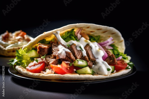 A shawarma with meat and vegetables on it