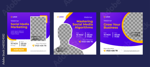 Gradient Blue Webinar Social Media with Speaker Frame Photo Concept. Social Media Template for Feed,Post and Promotional Ad on Website.