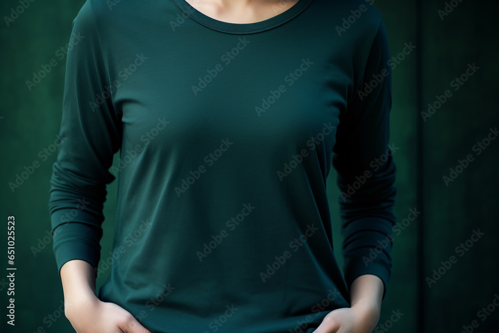 A Stylish Women's Dark Green Long Sleeve T-shirt Mockup, Perfect for Cozy Comfort and Fashion Forward Chicness
