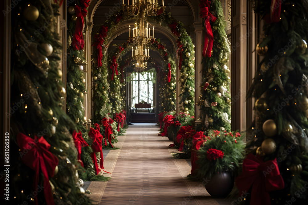  Classic Elegance Greeting: A close - up view of a classic hallway adorned with evergreen garlands, red velvet ribbons, and glistening ornaments. Capture the timeless beauty of Christmas.