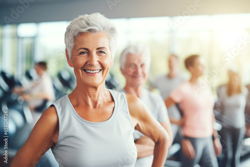 Group of senior exercising workout in fitness room