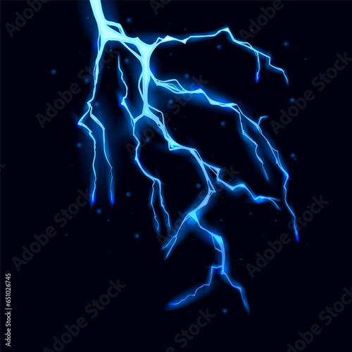 Blue lightning strike bolt silhouettes vector illustration. Black thunderbolts and zippers are natural phenomena isolated on a dark background. Thunderstorm electric effect of light and shining flash.