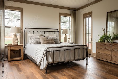 Farmhousestyle Guest Room With Wrought Iron Bed And Rustic Decor Modern Farmhouse Interior Design photo