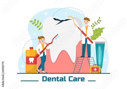Dental Care Vector Illustration with Dentist Treating Human Teeth and Cleaning Using Medical Equipment in Healthcare Flat Cartoon Background Design