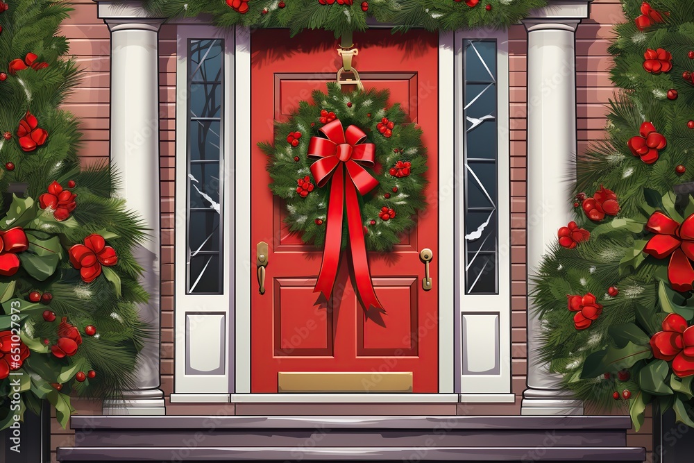 Fototapeta premium festive holiday wreath ornaments, hanging front door to welcome,Generated with AI