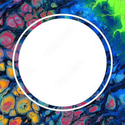 Watercolour drawing abstract square photoframe. White round on the mulricolor background: orange, yellow, red, green, blue, black in flowing movement photo