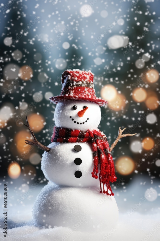 Christmas Snowman On Winter Background. Funny festive snowman in a hat. Merry christmas and a happy new year. Holiday banner and poster. Christmas poster and banner